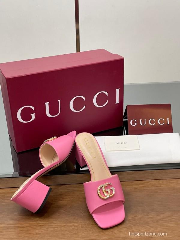 2025 Women Gucci Pink Lambskin Mid Heel Crystal GG Buckle Slide LY00280