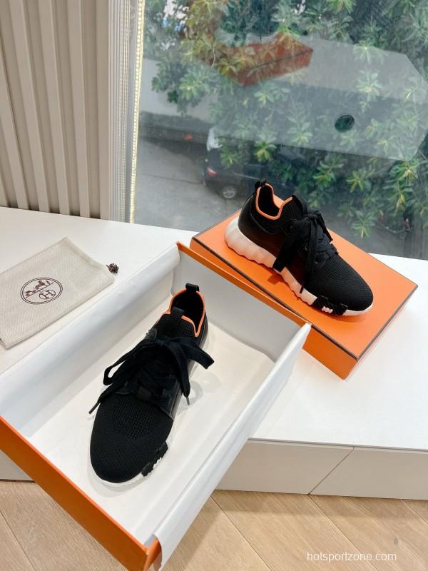 2024 Unisex Hermès Black Orange Knit Sneakers