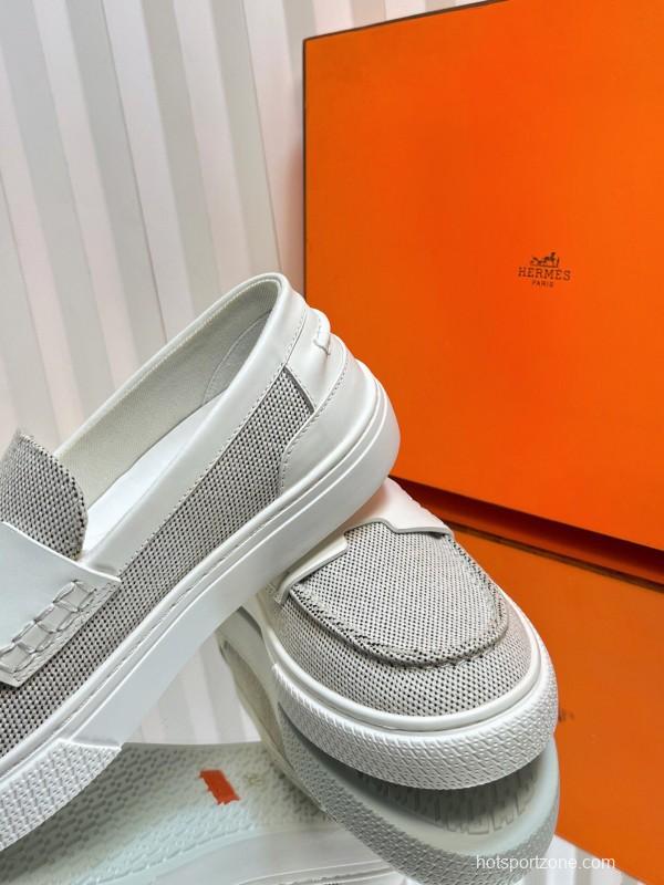 2025 Women Hermès White Mesh Leather Casual Loafers LY00310