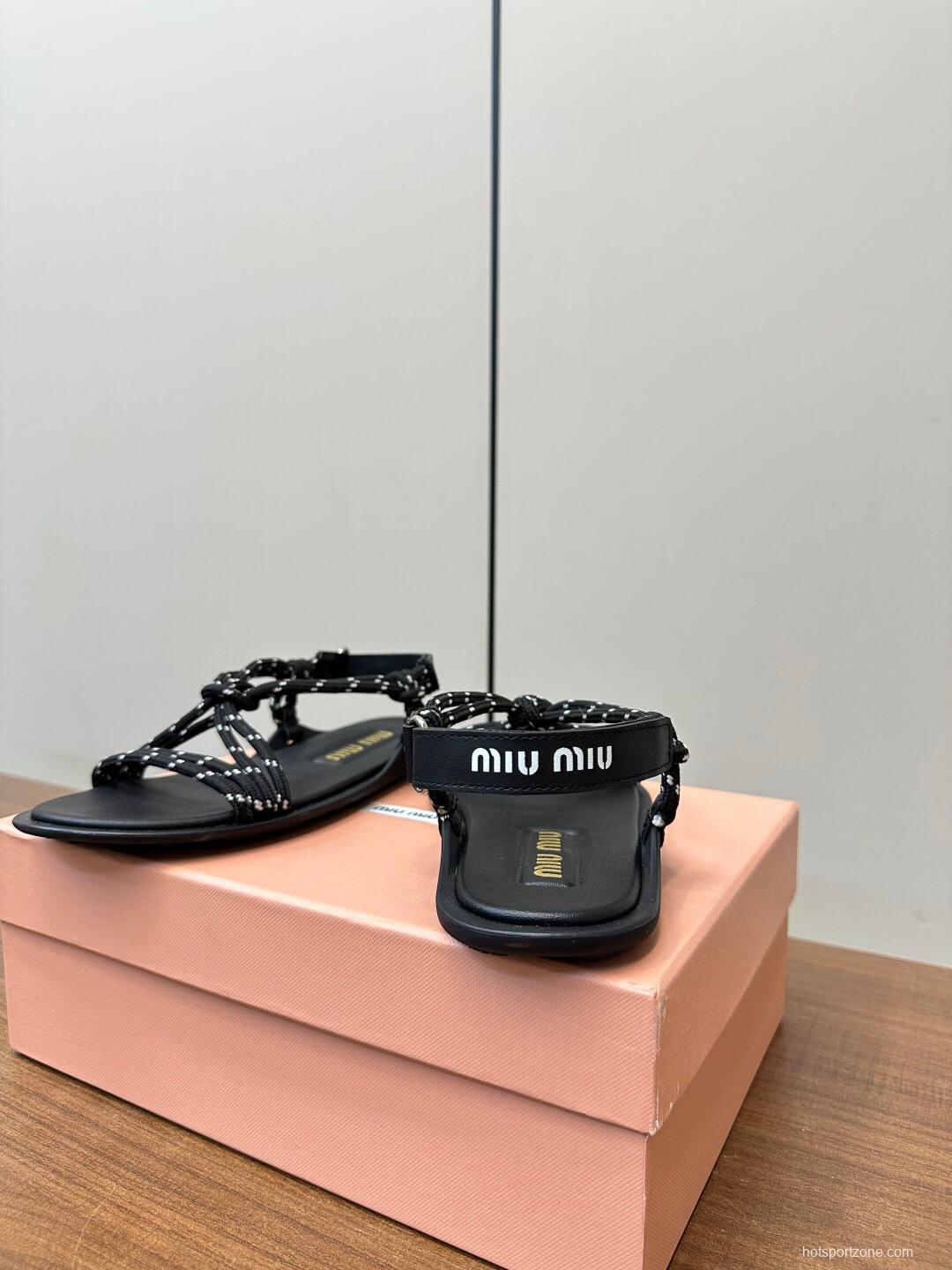 2025 Women Miu Miu Black Leather Rope Sandals