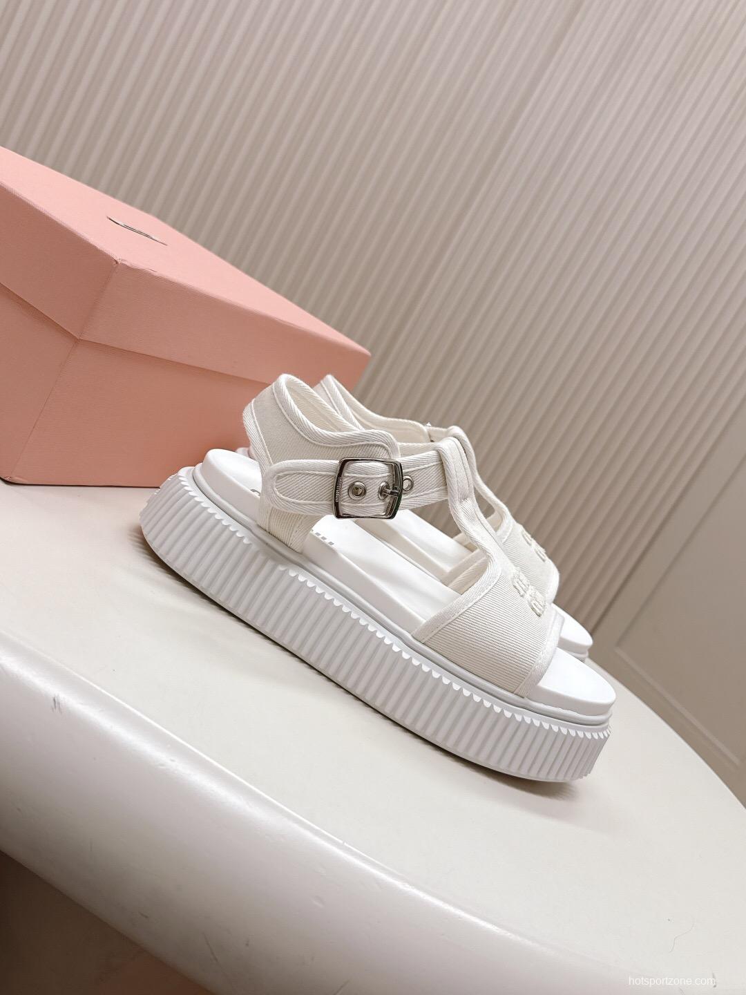 2025 Women Miu Miu White Canvas Sandals
