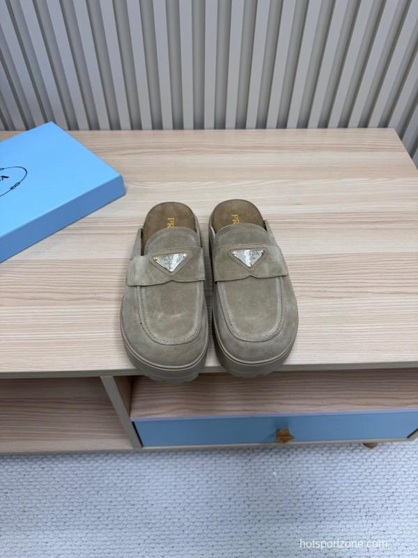 2025 Women Prada Khaki Suede Platform Loafers