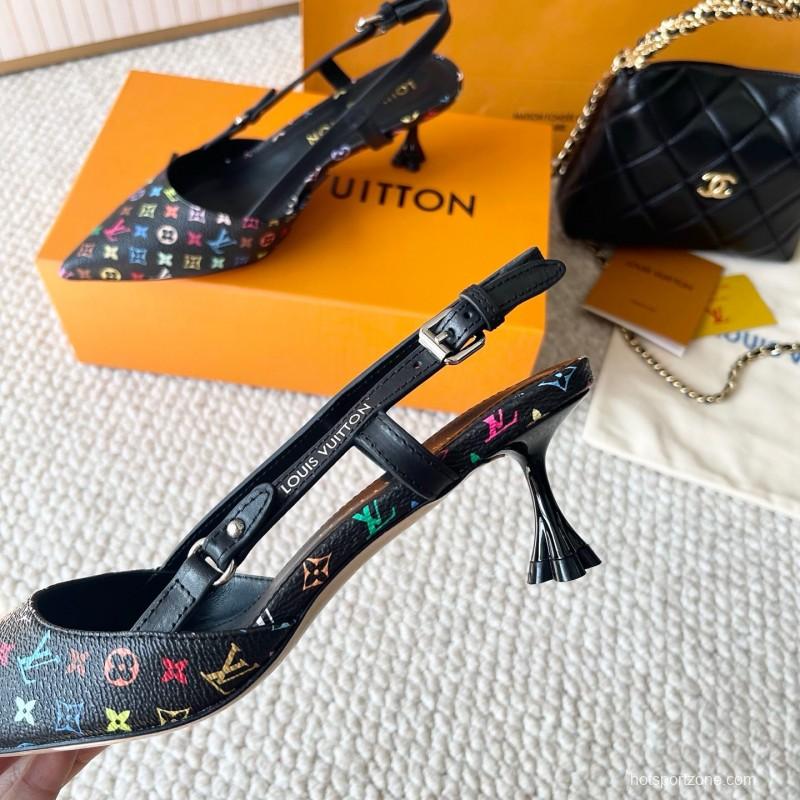 2025 Women Louis Vuitton Multicolor Canvas Leather Slingback Heels KFY00300