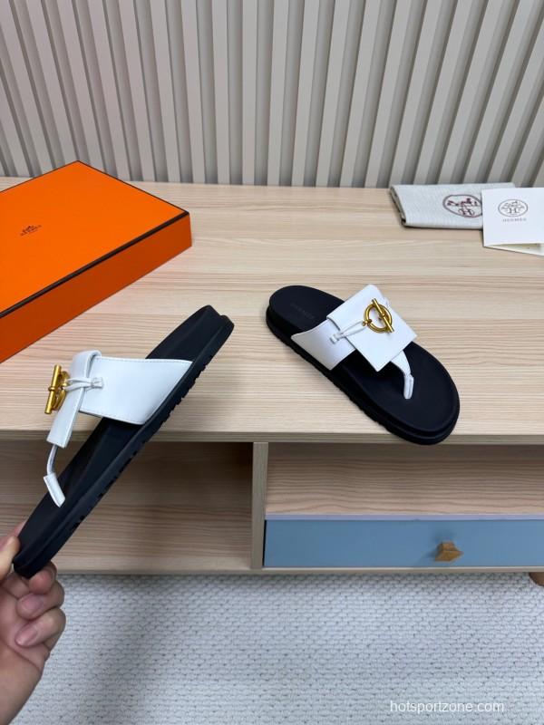 2025 Slippers Hermès White Black Leather Slippers