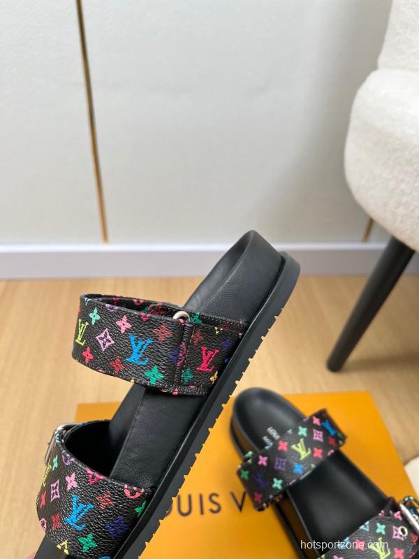 2025 Women Louis Vuitton Black Rainbow Canvas Slippers KFY00280