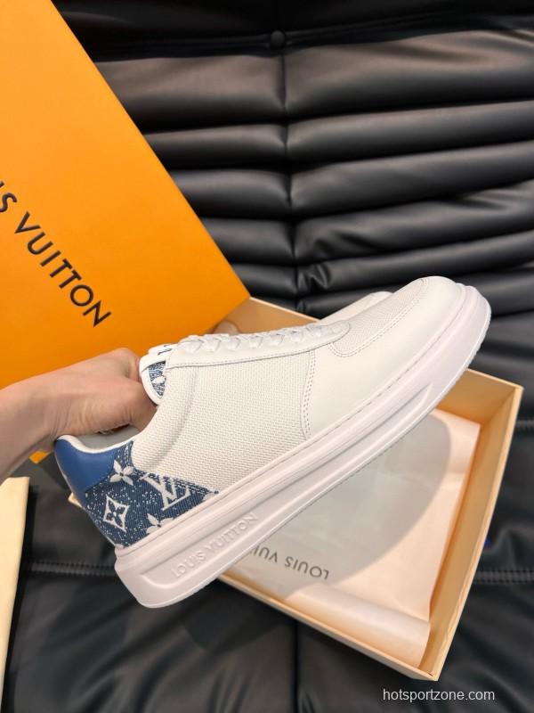 2024 Men Louis Vuitton White Blue Mesh Leather Sneakers MJ00400