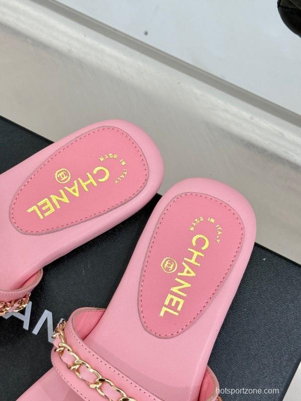 2025 Women Chanel Pink Lambskin Chain Toe Ring Sandals