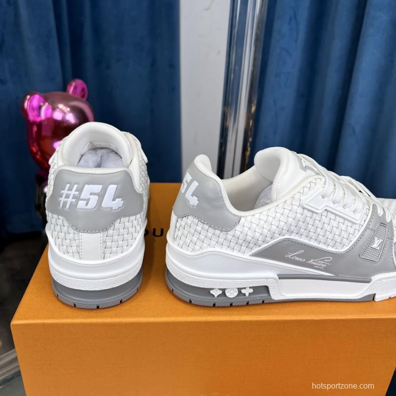 2025 Unisex Louis Vuitton White Grey Leather Fabric LV Trainer