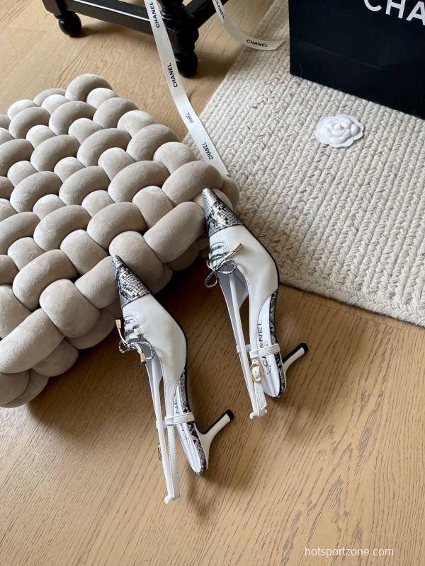 2025 Women Chanel White Black Python Leather Slingback Heels