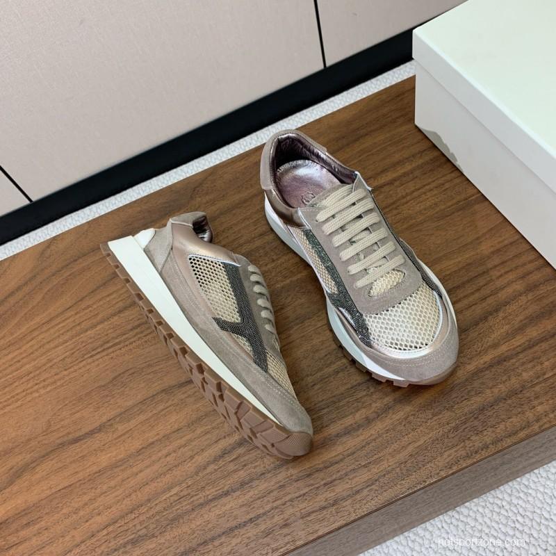 2025 Women Brunello Cucinelli Beige Brown Mesh Leather Sneakers