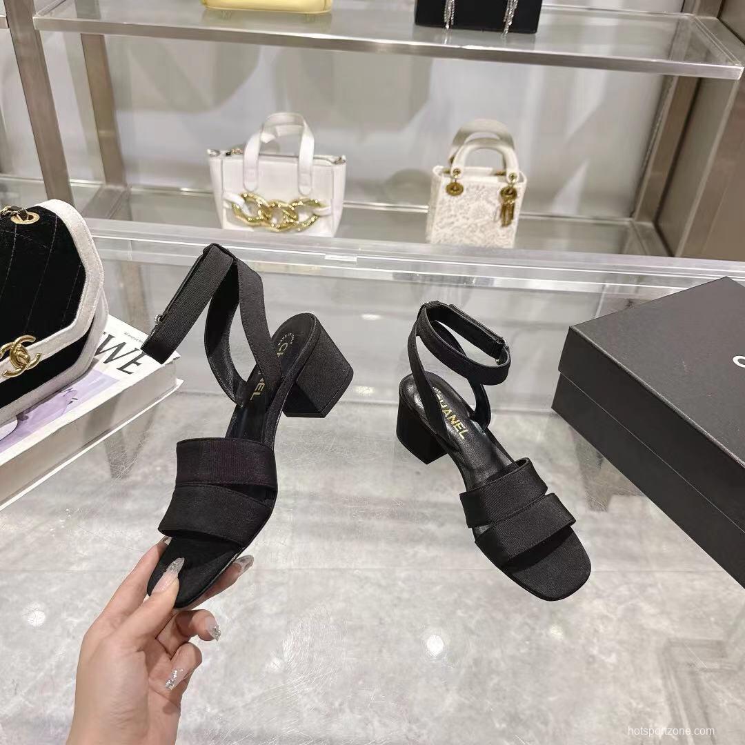 2025 Women Chanel Black Fabric Leather Sandals LY00280