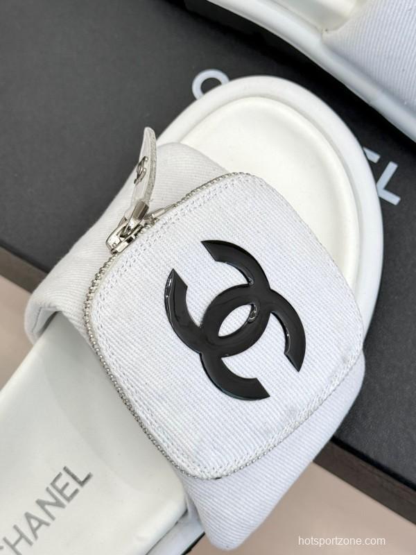 2025 CHANEL White Canvas Slippers KFY00220