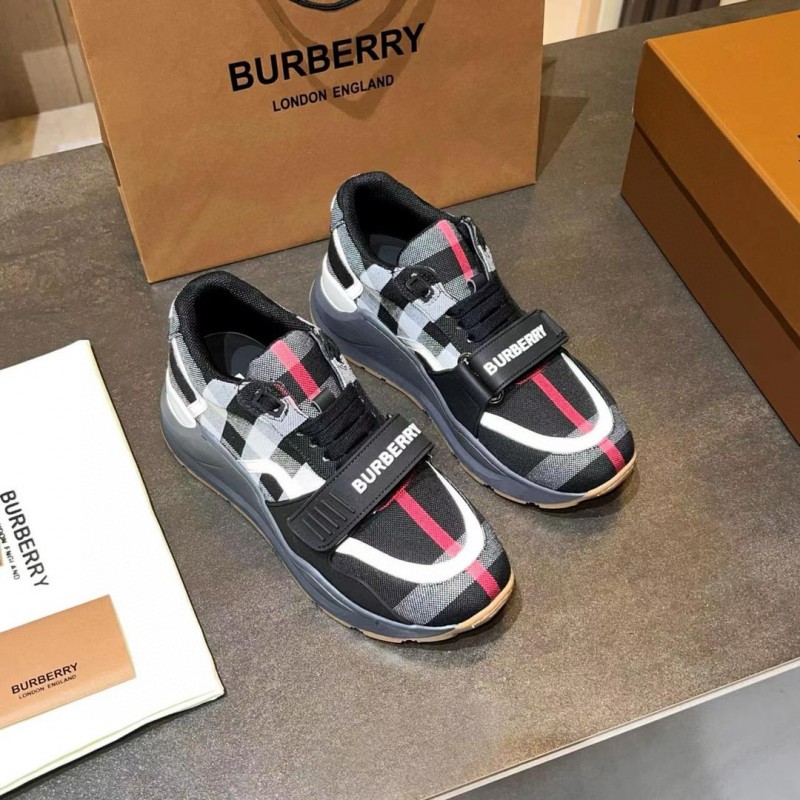 2025 Unisex Burberry Black White Suede Leather Mesh Sneakers Vintage Pattern MJ00360