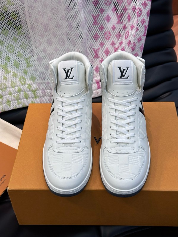 2024 Men Louis Vuitton White Black Leather High-Top Sneakers MJ00420