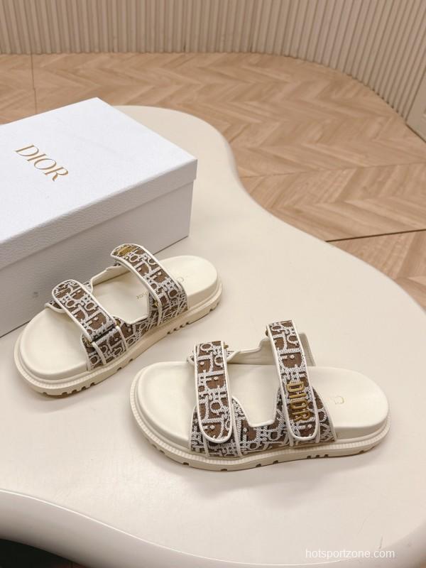 2025 Women Dior Brown Beige Canvas Leather Sandals LY