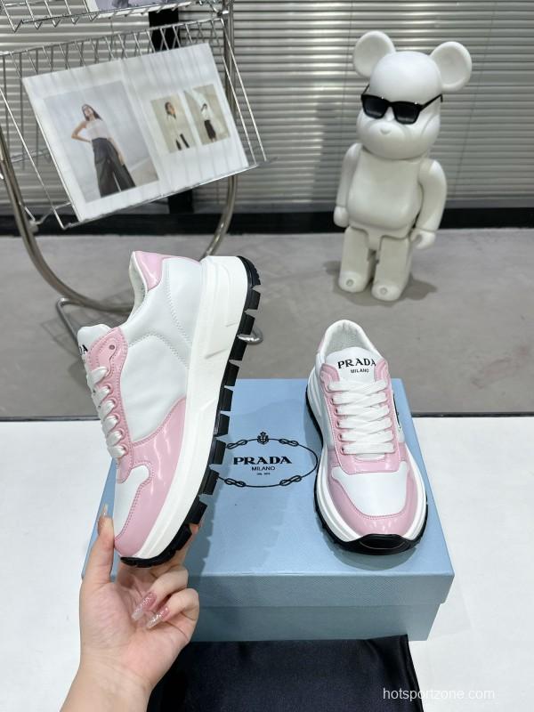 2025 Women Prada White Pink Leather Sneakers