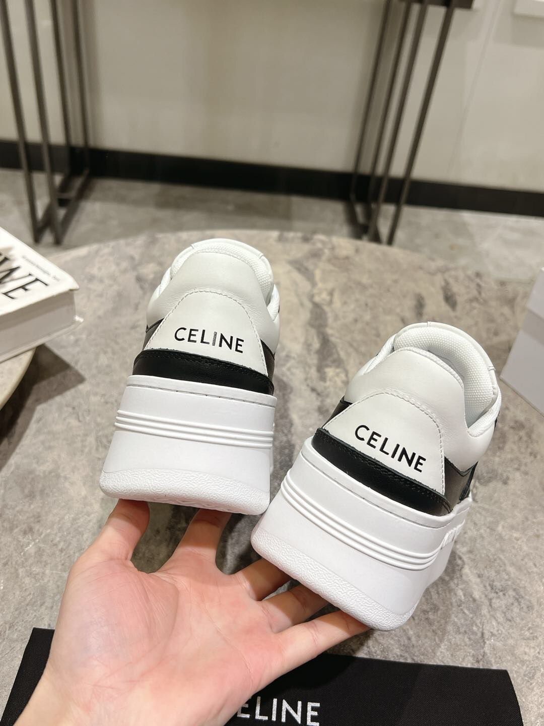 2025 Women Celine Black White Leather Platform Sneakers KFY00330