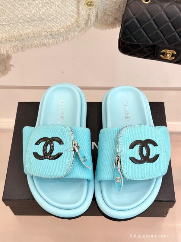 2025 Slippers Chanel Blue Fabric Slippers KFY00220