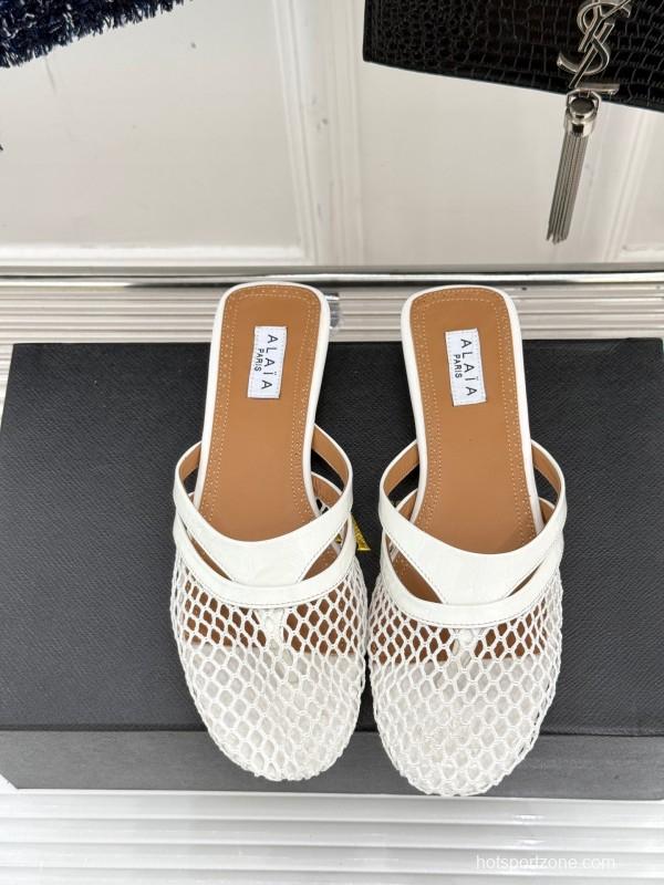 2025 Slippers AlAIA White Leather Mesh Flat Shoes