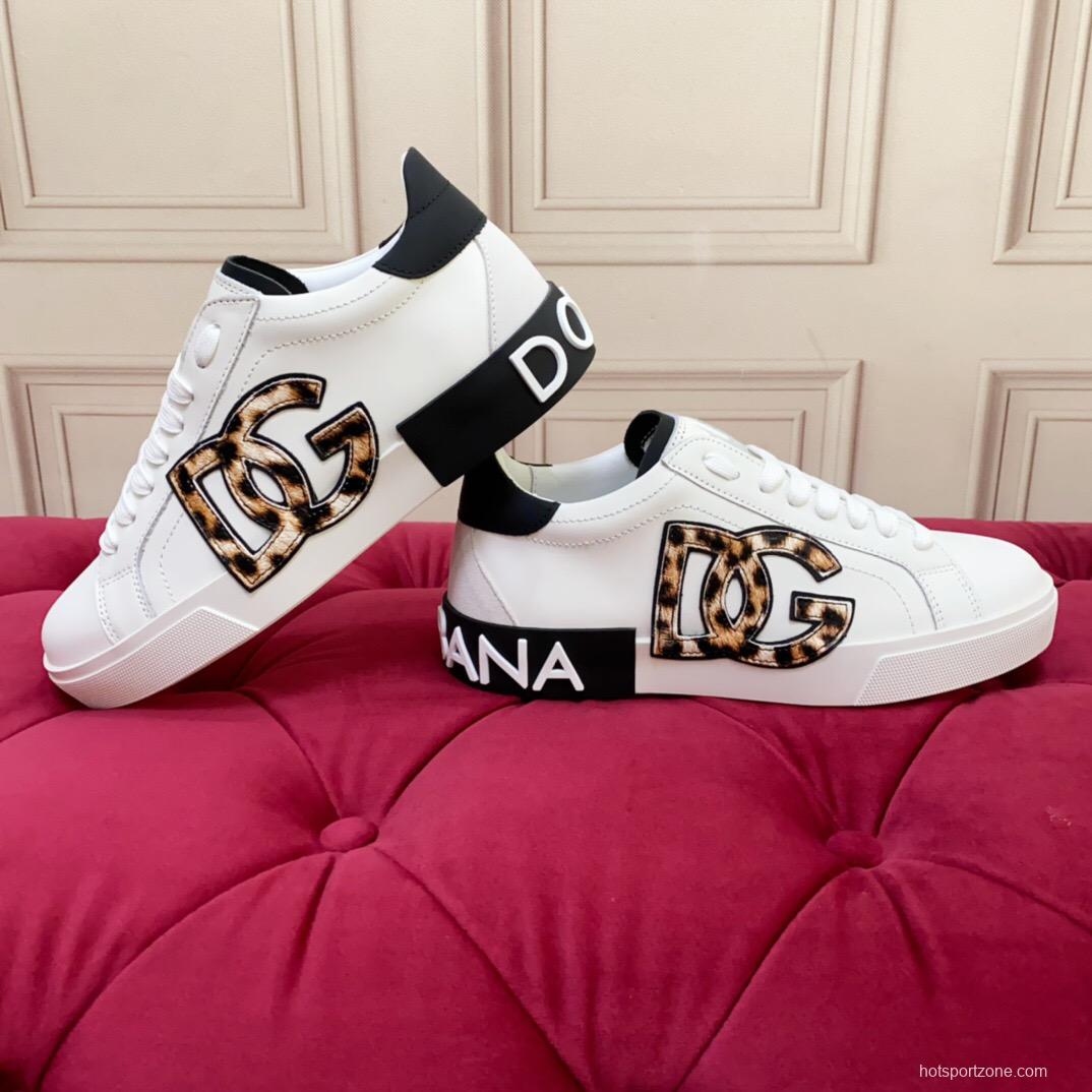 2025 Women Dolce & Gabbana White Leopard Print Leather Sneakers LY00300