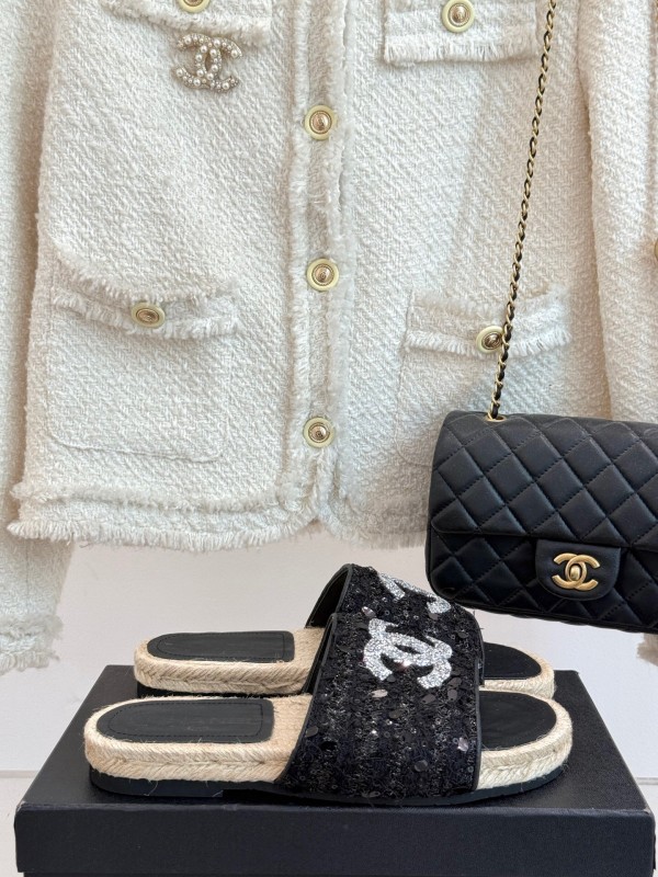 2025 Women Chanel Black Sequin Espadrille Slides Classic Double C Logo Handmade Braided Sole KFY00240(F)