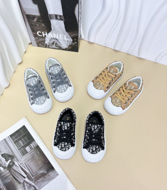 2024 Kids CHANEL Gray Beige Black Canvas Sneakers