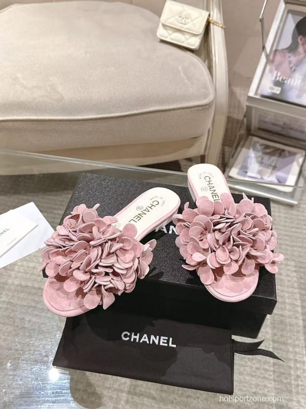 2025 Women Chanel Pink Suede Slippers Floral B2032-2