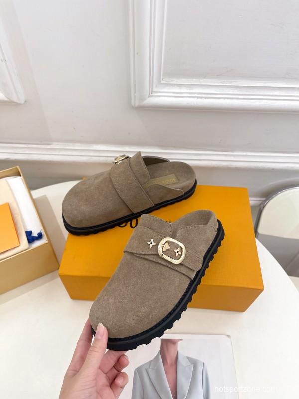 2025 Women Louis Vuitton Brown Suede Slippers Flower Buckle KFY00300