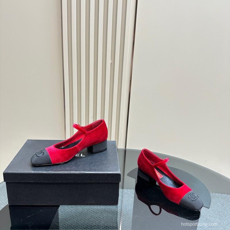 2025 Women Chanel Red Black Suede Leather Mary Jane Exclusive KFY00290