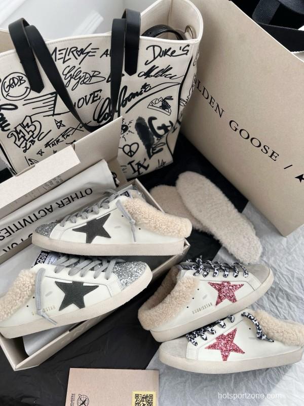 2024 Unisex GGDB White Pink Glitter Suede Leather Fur Slippers MJ00280