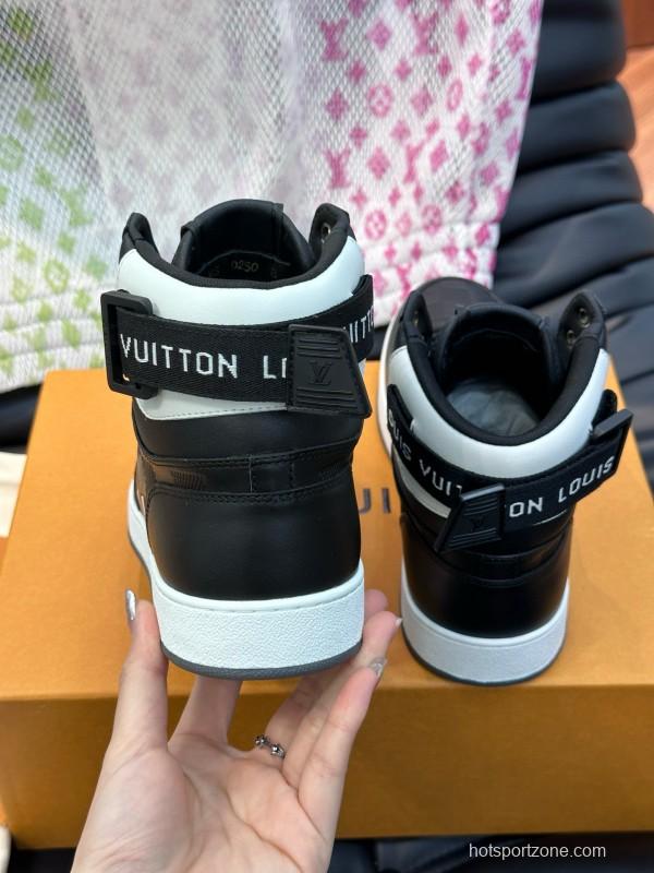 2024 Men Louis Vuitton Black White Leather High-Top Sneakers MJ00420