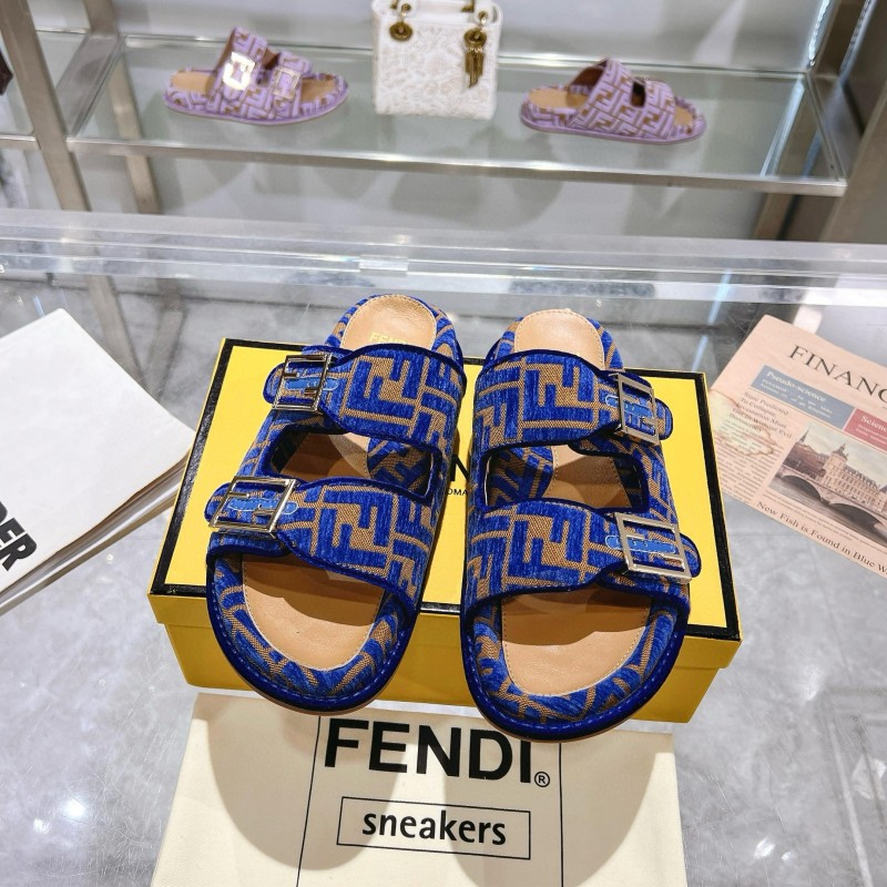 2025 Fendi Blue Fabric Leather Slippers MJ00230