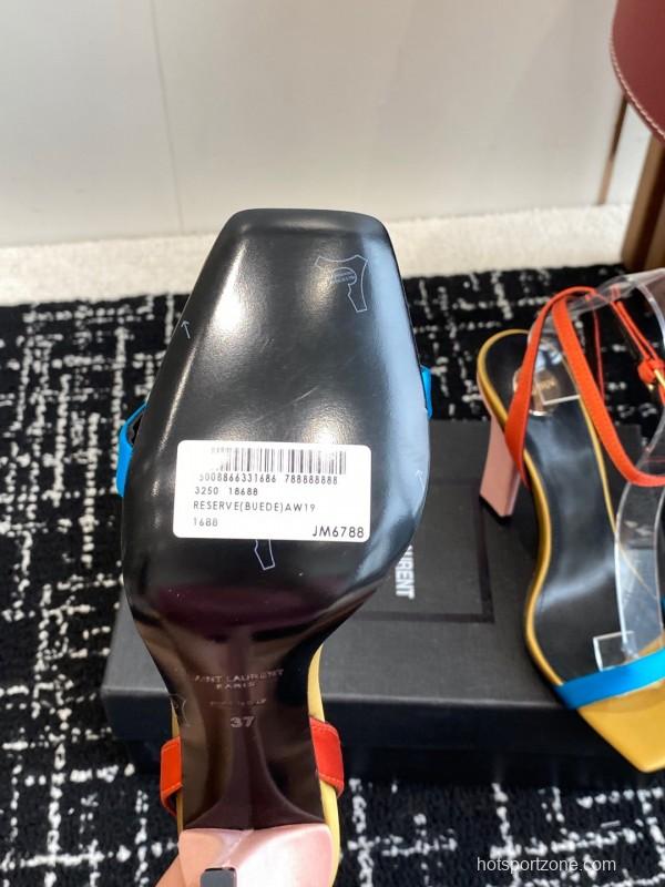 2025 Women Yves Saint Laurent Orange Black Blue Leather High Heel Sandals