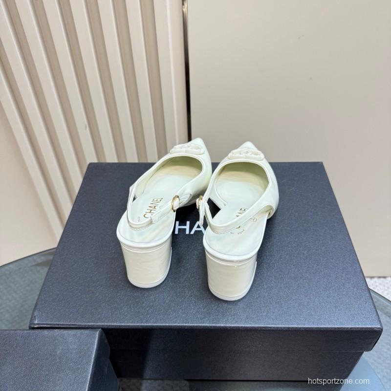 2025 Women Chanel White Patent Leather Slingback Pumps