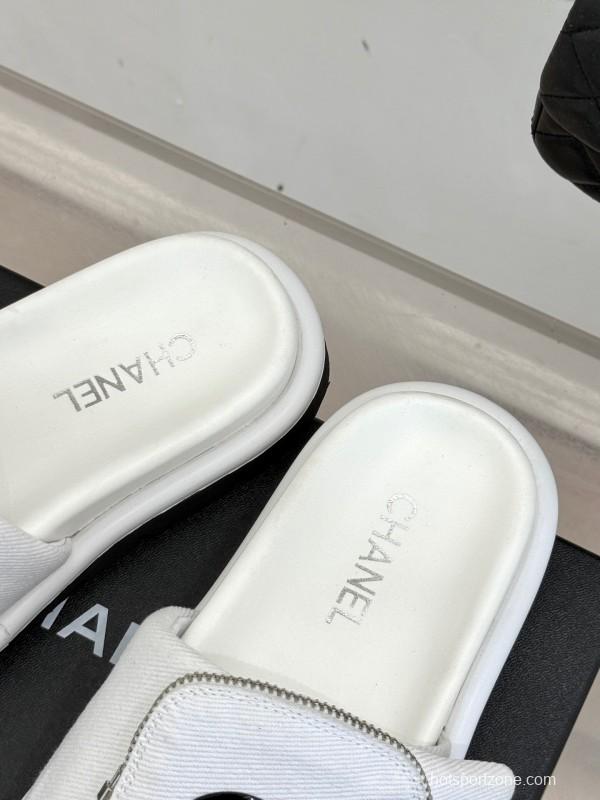 2025 CHANEL White Canvas Slippers KFY00220