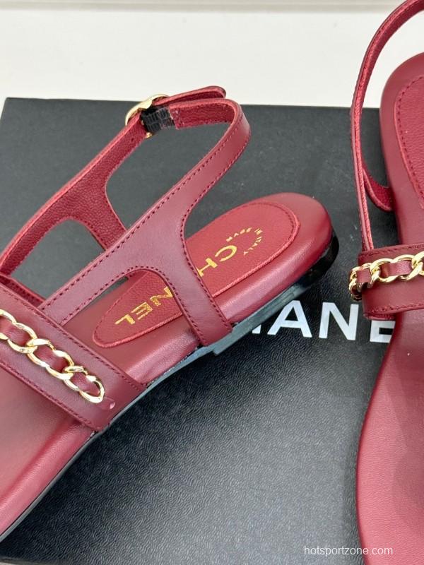 2025 Women Chanel Red Leather Sandals Chain Decoration