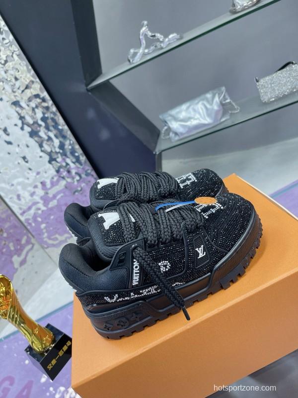 2024 Kids Louis Vuitton Black Rhinestone Fabric LV Trainer