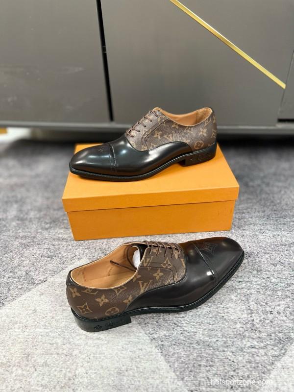2024 Men Louis Vuitton Brown Black Leather Canvas Oxford MJ00380