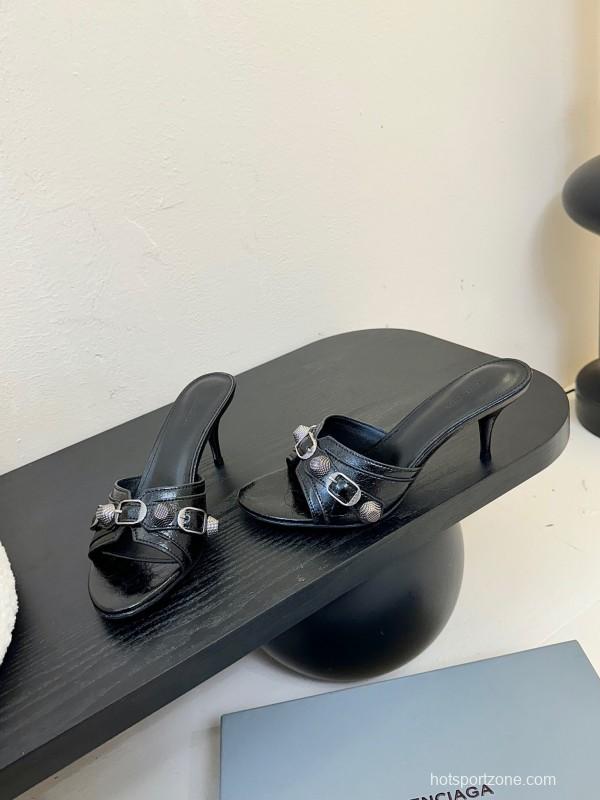 2025 Women Balenciaga Black Leather High Heel Metal Decoration KFY00290