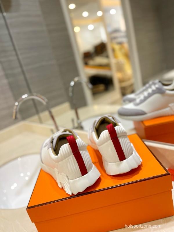 2024 Unisex Hermès White Grey Silk Leather Sneakers MJ00320