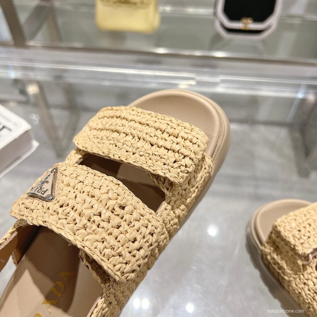 2025 Women Prada Beige Woven Leather Platform Sandals