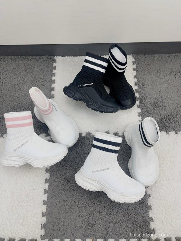 2024 Kids Dolce & Gabbana White Pink Black Knit Fabric Sneaker