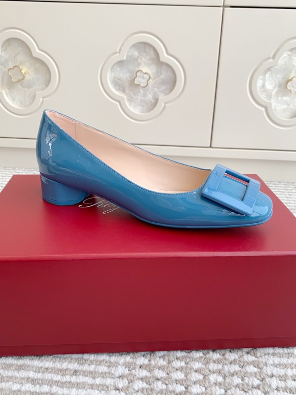 2025 Women Roger Vivier Blue Patent Leather Ballet Flat Square Buckle KFY00310