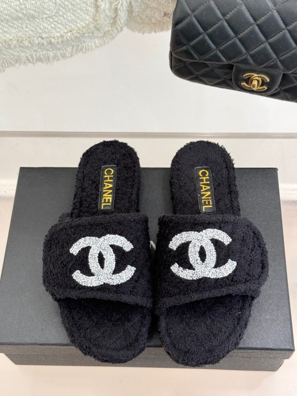 2025 Women Chanel Black Terry Cloth Slippers KFY00220