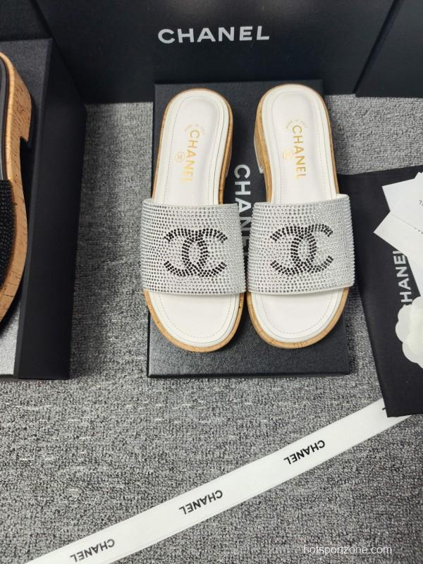 2025 CHANEL Silver Crystal Leather Slippers