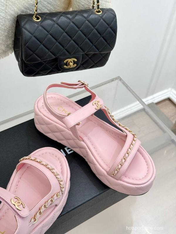 2025 Women Chanel Pink Lambskin Platform Sandals Chain Decoration
