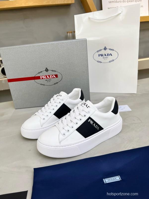 2024 Unisex Prada White Black Silk Calfskin Leather Sneakers MJ00310