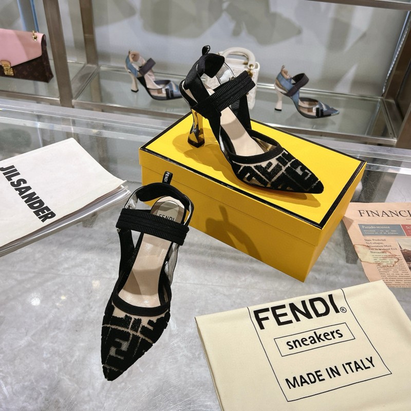 2025 Women Fendi Black Beige Fabric Leather High Heel MJ00280