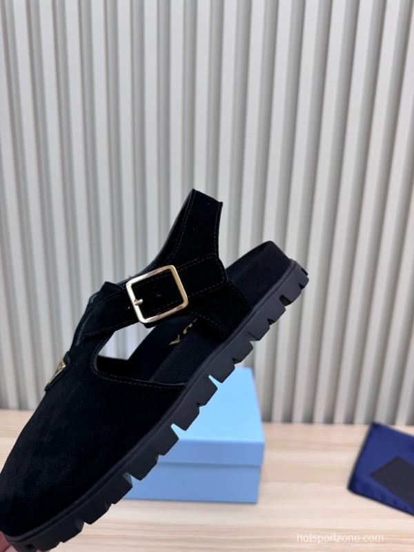 2025 Women Prada Black Suede Sandals LY00280