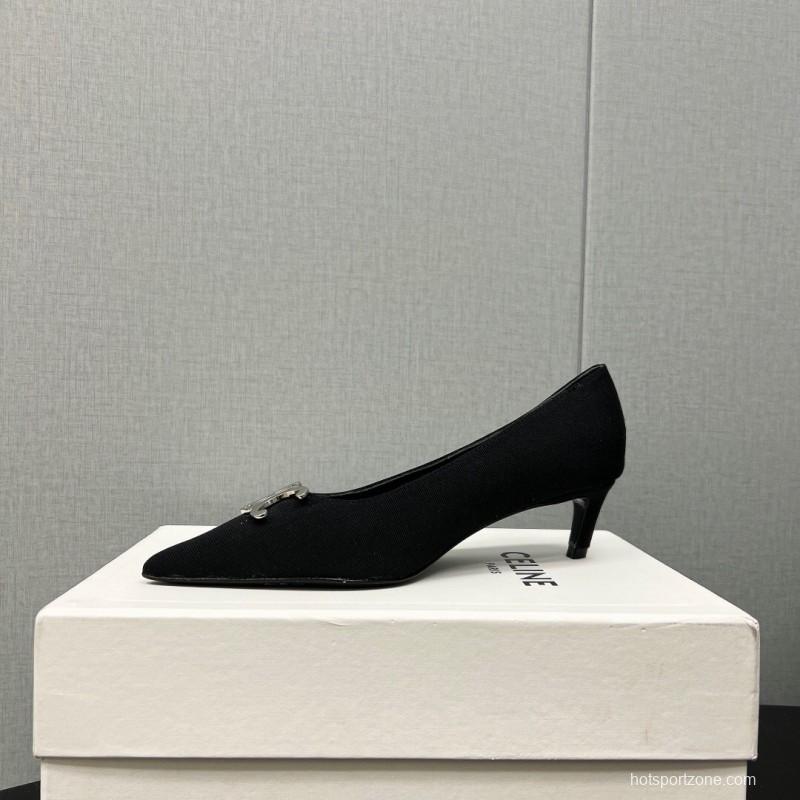 2025 Women Celine Black Fabric Pointed Toe Metal Buckle Pumps